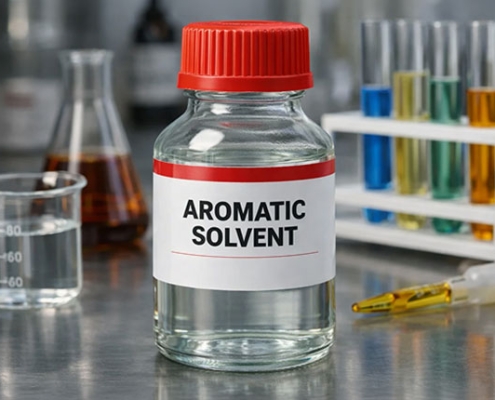 Jar of aromatic solvent on lab table with various other chemicals.