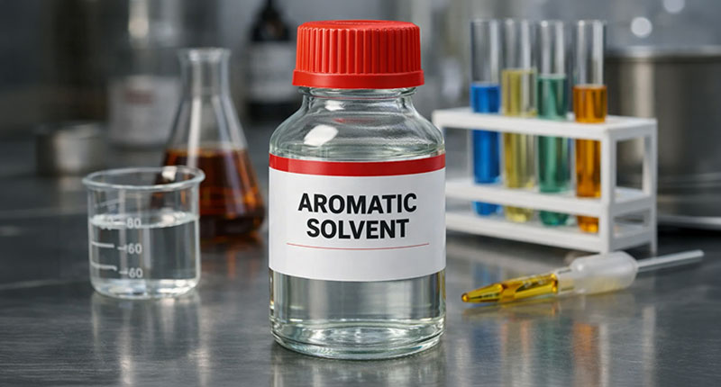 Jar of aromatic solvent on lab table with various other chemicals.