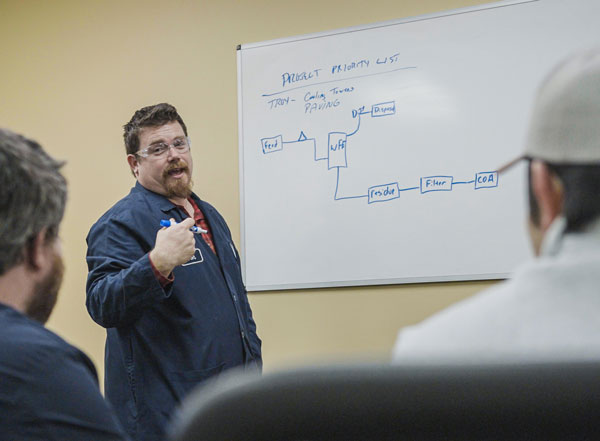 Chem Group team discussing new chemical product development