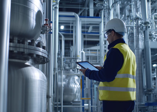 contract-manufacturing-process-development-500 Man running tests with tablet in hand on industrial equipment.