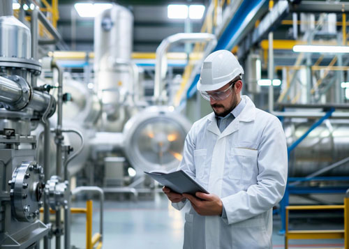 Man in lab coat and safety helmet in industrial facility looking at reports.