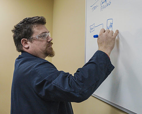 customized-chemical-solutions-chem-group A man discussing chemical composition drawn on a whiteboard with others in a meeting.