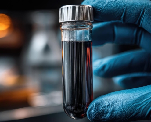 Vial of brown pitch oil