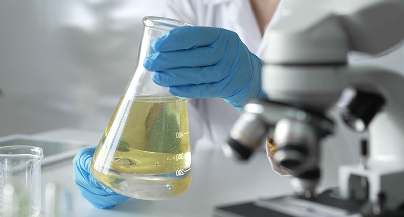 Woman holding large glass beaker filled with yellow chemical liquid.